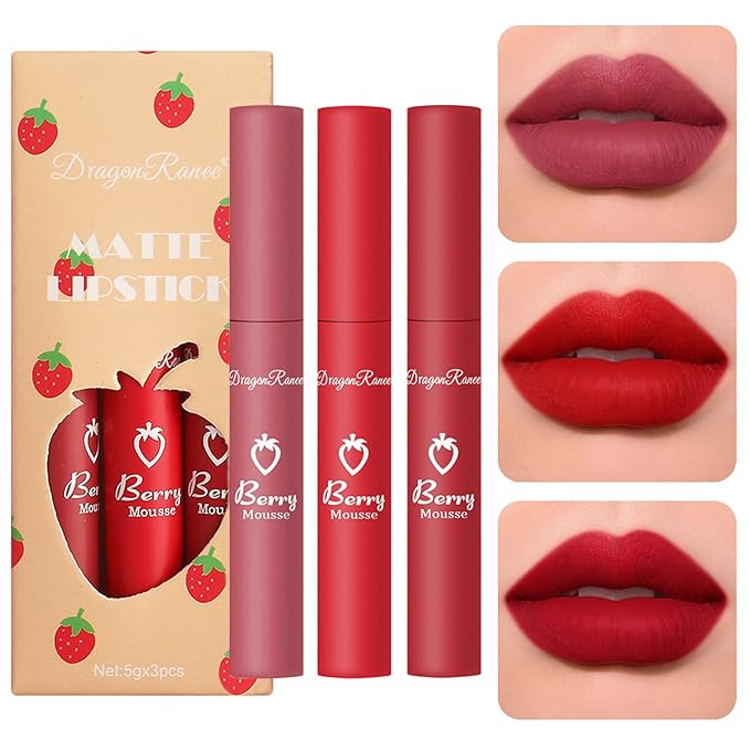 Sulily 3Pcs Dark Red Matte Lipstick Set,Red Matte Lipstick Long Lasting for Women,Velvet Air Moisture Smooth Crayon Lip Stain,24 Hours Wear Non-Stick Cup Not Fade Waterproof Lip Gloss Makeup