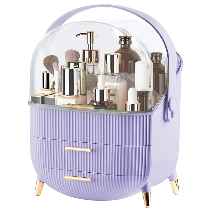 Makeup Organizer for Vanity, Make up Organizers and Storage, Cosmetics Skincare Organizers with Lid and Drawers, Cosmetic Display Cases for Countertop, Bathroom, Dresser, Ideal Gifts for Women(Purple)