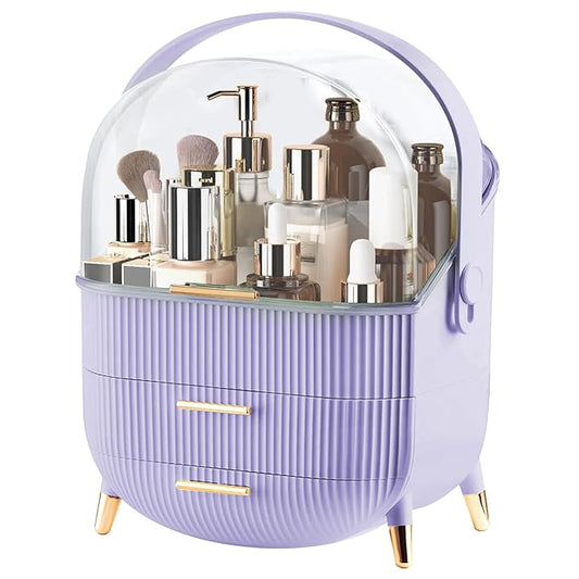 Makeup Organizer for Vanity, Make up Organizers and Storage, Cosmetics Skincare Organizers with Lid and Drawers, Cosmetic Display Cases for Countertop, Bathroom, Dresser, Ideal Gifts for Women(Purple)