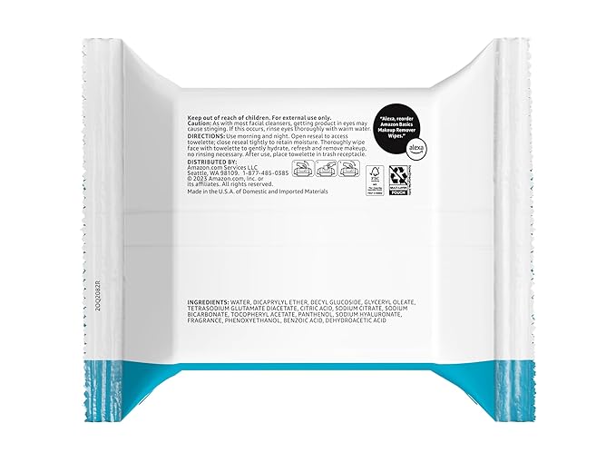 Amazon Basics Makeup Remover Wipes, Gentle Cleansing, Dermatologist Tested, Hydrating, Plant Based, Alcohol Free, Removes Waterproof Mascara, 25 Count Per Pack, Pack of 1 (Previously Solimo)