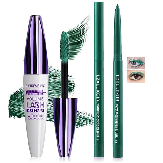 Green Mascara and Eyeliner Set,Natural Curling Green Mascara for Eyelashes,Volumizing Lengthening Rimel de Pestañas Waterproof,5D Colored Eye Makeup
