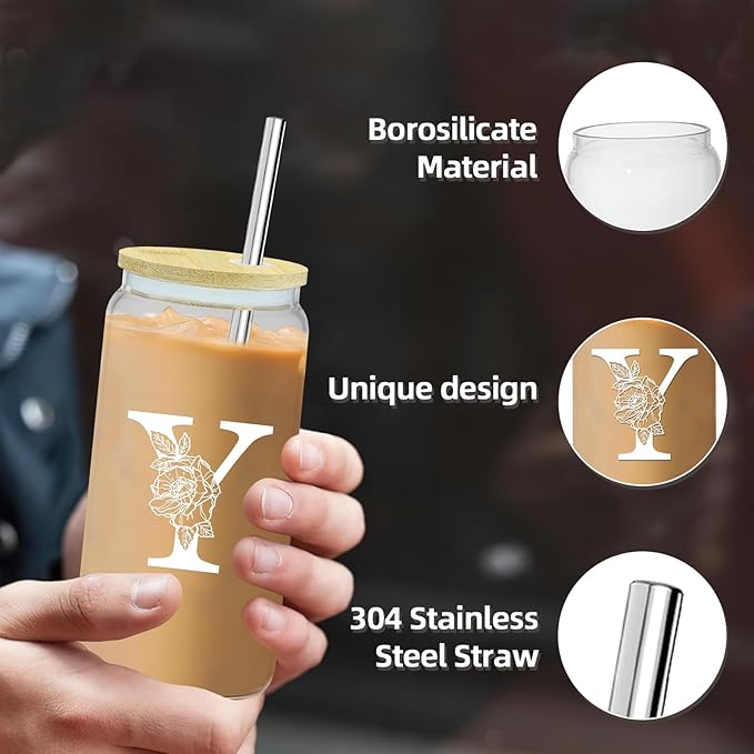 Birthday Gifts for Women,Initial Canvas Tote Bag,Monogrammed Gift for Women,16oz Initial Glass Cup,Makeup Bag with Zipper,Jewelry Organizer Box,Personalized Gifts for Mom-Y