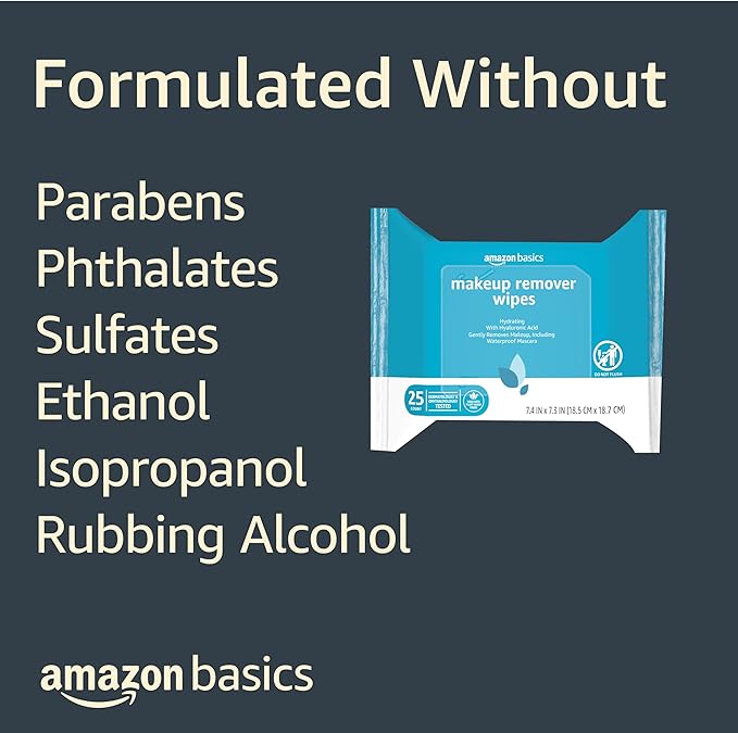 Amazon Basics Makeup Remover Wipes, Gentle Cleansing, Dermatologist Tested, Hydrating, Plant Based, Alcohol Free, Removes Waterproof Mascara, 25 Count Per Pack, Pack of 1 (Previously Solimo)