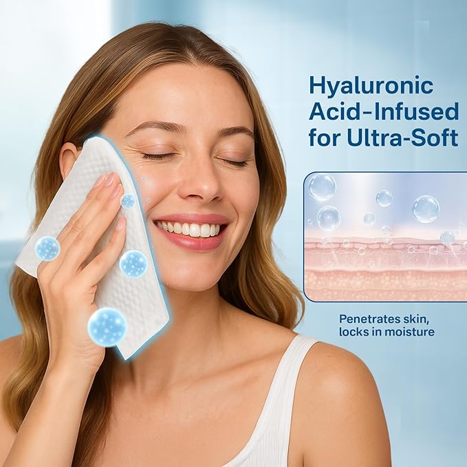 50 Count Hyaluronic Acid Face Towels, Biodegradable Disposable Face Towels, Wash Cloths 10” x 12”, Soft & Skin Friendly Face Towelettes Disposable, XL Facial Towels for Washing Cleansing for Women