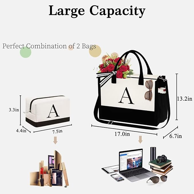 YOOLIFE Initial Canvas Tote Bag & Makeup Bag, Birthday Gifts for Women Mom Sister Friends, Bridesmaid Wedding Gifts