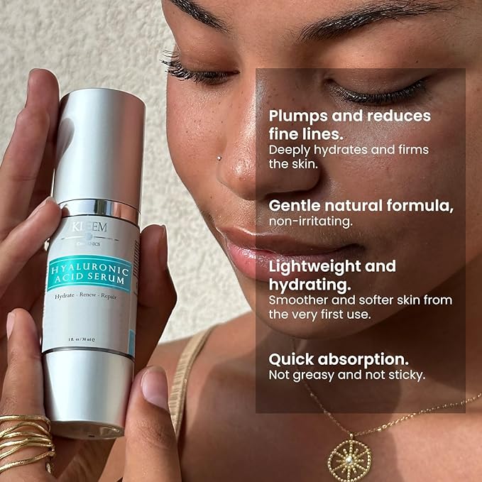 Pure Hyaluronic Acid Serum for Face with Vitamin C, Vitamin E and Green Tea, Plant-Powered Anti-Aging Hydrating Serum, Best for Firming, Repairing, Moisturizing, Plumping Fine Lines, 1 fl oz