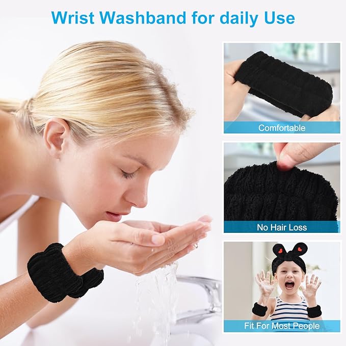 4Pack Headband and Wristband Set for Washing Face, Spa Skincare Makeup Headband, Soft Puffy Hair Band Bow Tie, for Women and Teen Girl Trendy Stuff Gifts