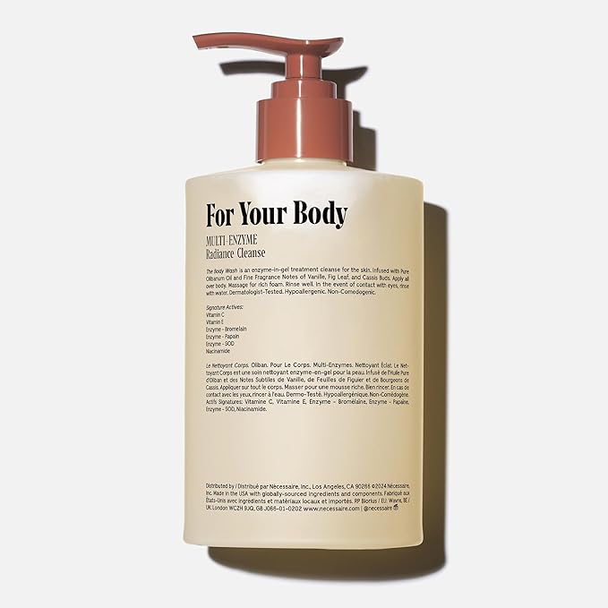 Nécessaire The Body Wash Olibanum. Natural Body Wash for Women + Men. Radiance Cleanse. Multi-Enzyme Gel Cleanser for Dull Skin. Notes of Vanilla, Fig Leaf, and Cassis Buds. 16.9 Fl Oz.