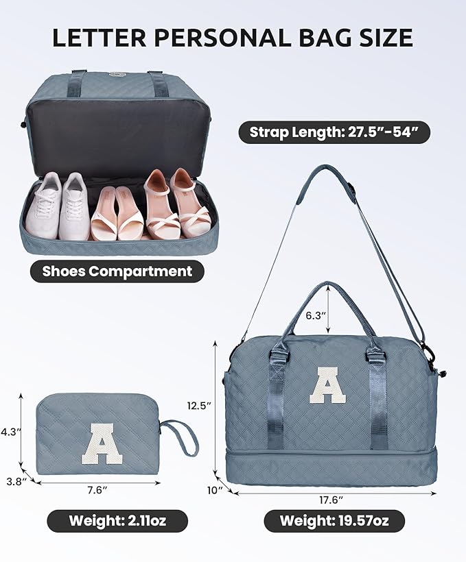 Personalized Gifts-Girls Duffle With Shoe Compartment, Personalized Weekender, Monogram Overnight Bag, Letter Travel With Makeup Bag, Birthday Gift For Women Girl (Letter L)