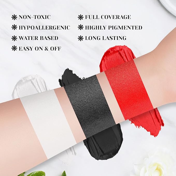 Black White Red Face Body Paint Stick Set with Translucent Setting Powder and Sponges, Professional Full Coverage Face Painting for Adults Halloween Cosplay SFX Spiderman Joker Devil Makeup