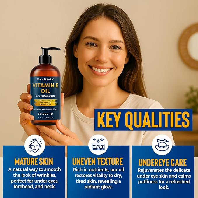 Nexon Botanics Vitamin E Oil 8 fl oz - 30,000 IU - Natural Moisturizer for Skin, Scars, Face & Stretch Marks - Made with d-Alpha Tocopherol & Sweet Almond Oil