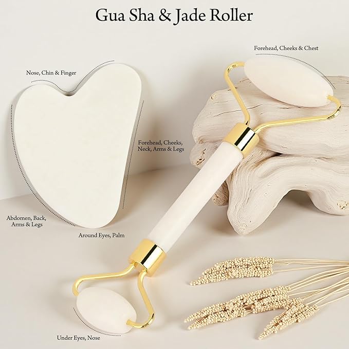 Real Perfection Gua Sha Facial Tools Face Roller for Wrinkles Jade Roller and Gua Sha Set, Scrubber Pore Brush Headband Skin Care Tools for Travel Skincare Routine Massaging Reducing Puffiness - White