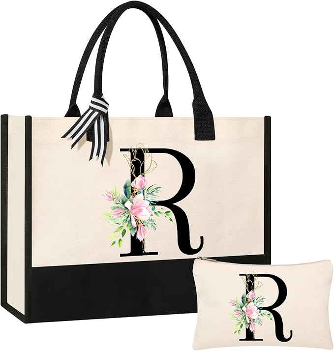 AYGE Personalized Initial Canvas Beach Bag Cosmetic Bags, Monogrammed Gifts for Women, Tote Bag, Makeup Bag, Birthday Gifts for Sister Mom Teacher Bridesmaid (R)