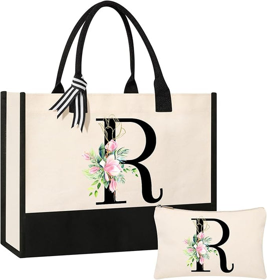 AYGE Personalized Initial Canvas Beach Bag Cosmetic Bags, Monogrammed Gifts for Women, Tote Bag, Makeup Bag, Birthday Gifts for Sister Mom Teacher Bridesmaid (R)