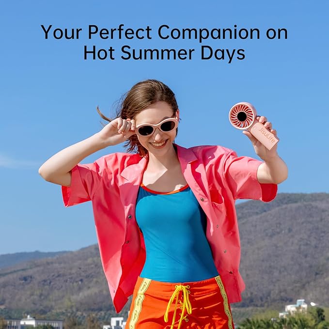 JISULIFE Handheld Portable Fan with Powerful Motor,LED Display,3600mAh Battery,5 Wind Speeds,Lanyard; Summer Essentials USB Rechargeable Hand held Fan for Travel,Beach,Makeup,Concerts-Pink