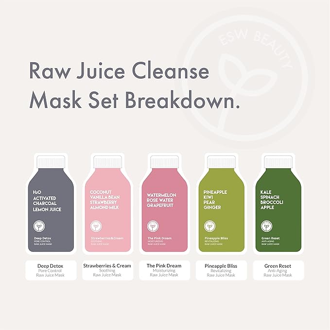 ESW Beauty Raw Juice Face Masks - 5-Pack Skincare Set - Hydrating, Anti-Aging, Moisture Repair, Pore Control, Soothing & Revitalizing with Watermelon, Kale & Charcoal