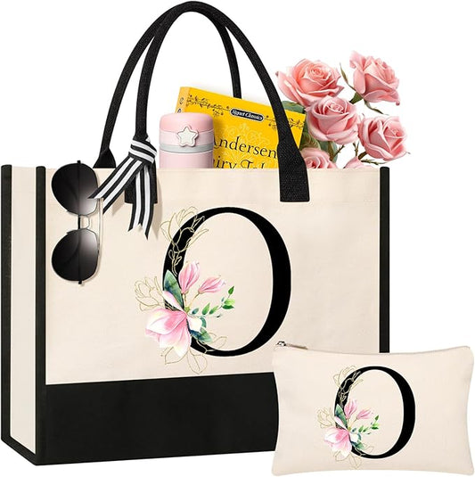 AYGE Personalized Initial Canvas Beach Tote, Monogrammed Gifts for Women, Makeup Bag, Birthday Gifts for Sister, Mom, Teacher, Bridesmaid