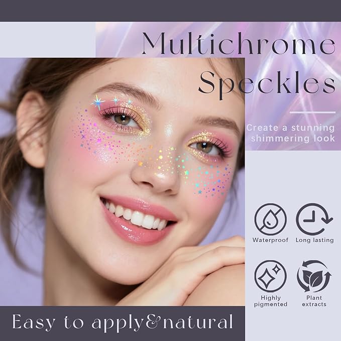 10pcs Holographic Multichrome Silver Glitter Freckles Face Tattoo Set, Color Shift Waterproof Sparkle Face Speckles Patches for Women, Cute Temporary Tattoo Rave Accessories for Fairy Makeup