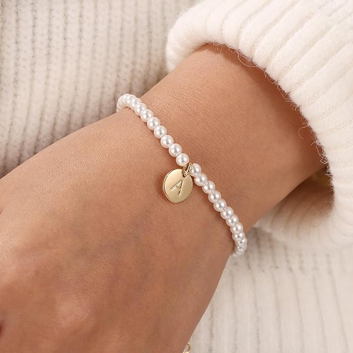 Ursteel Pearl Initial Bracelet for Women - Dainty 14K-Gold-Plated Letter Pearl Beaded Bracelet Jewelry for Women, Bridesmaid Proposal Wedding Bride Party Bridal Shower Birthday Gift