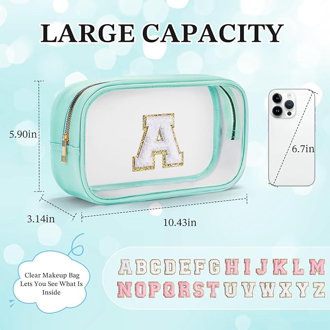 YOOLIFE Initial Make Up Bag Travel Toiletry Bag, Clear Makeup Bag Travel Essentials Gifts for Women Teen Girlfriend Teacher Birthday Swim Gifts For Girls 12 Year Old Girl Gifts Girl Gifts Blue H