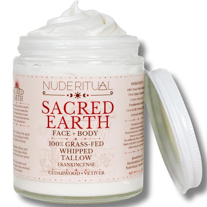 100% Grass-Fed Whipped Tallow Balm for Skin Care – Face + Body – Natural Moisturizer Lotion, 4 oz (Sacred Earth)