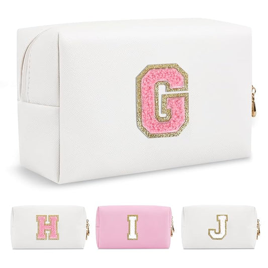 Personalized Makeup Bag Initial A-Z Preppy Patch Bag,Small PU Leather Travel Cosmetic Bag Pouch with Zipper,White Cute Toiletry Bag,Gift Ideal for Teen Girls Women Birthday Friend Mom,Letter G