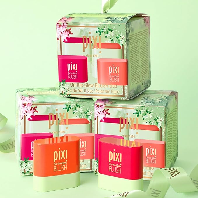 Pixi Beauty On-the-Glow Mini Blush Duo Holiday Ornament Gift Set | 2X Petite Size On-the-Glow Blush Sticks | Shades Ruby and Juicy