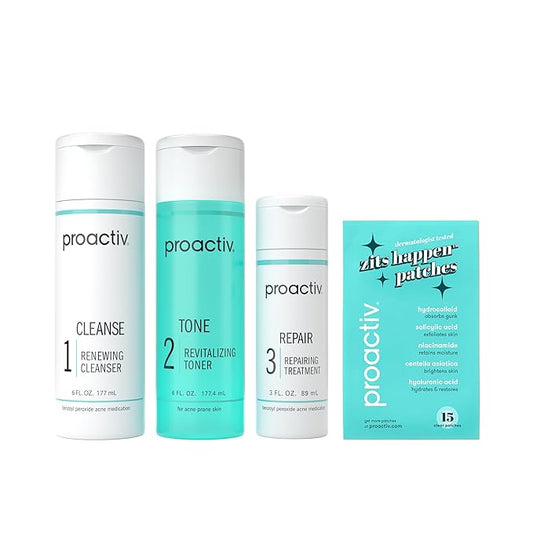 Proactiv 3 Step Acne Treatment w/ Pimple Patches - Benzoyl Peroxide Face Wash, Repairing Acne Spot Treatment for Face and Body, Exfoliating Toner - 90 Day Complete Acne Skin Care Kit + Pimple Patches