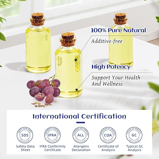 HIQILI 3.38 Fl Oz Organic Grapeseed Oil for Hair, for Skin, Carrier Oil for Essential Oils Mixing, 100% Pure & Natural-100ML