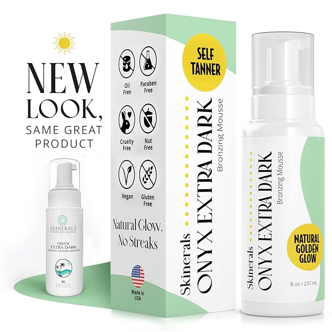 Skinerals Extra Dark Self Tanner Mousse, Organic Sunless Tanning Foam for Face & Body, Ultra Dark, Streak-Free, Quick-Drying, Long-Lasting Natural Looking Fake Tan, 8 oz, Onyx