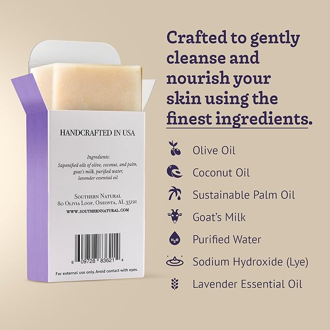 Southern Natural Goat Milk Soap Bar (Lavender 1 Pack) For Dry Sensitive Skin. Natural, Handmade Soap For Men, Women, Kids & Baby. Use On Face & Body
