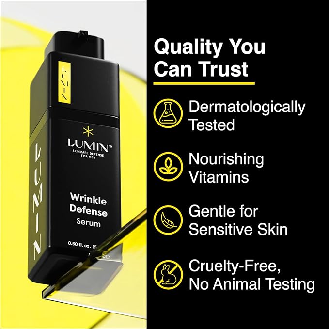 Lumin Wrinkle Defense Serum for Men Skincare | Anti-Aging Skincare with Vitamin C, Hyaluronic Acid, Ferulic Acid | Targets Fine Lines, Wrinkles, Dark Spots | Evens Skin Tone | 2 Months Supply | 15mL