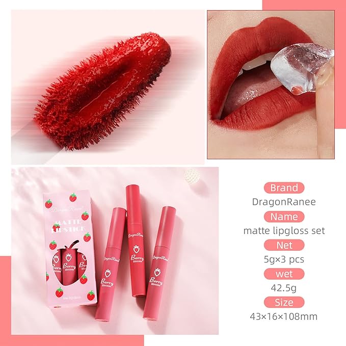 Sulily 3Pcs Dark Red Matte Lipstick Set,Red Matte Lipstick Long Lasting for Women,Velvet Air Moisture Smooth Crayon Lip Stain,24 Hours Wear Non-Stick Cup Not Fade Waterproof Lip Gloss Makeup