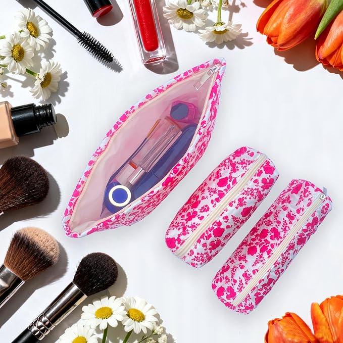 3 Piece Rose Red Quilted Floral Makeup Bag Set Small Cosmetic Bag For Women Cute Cotton Makeup Pouch For Purse