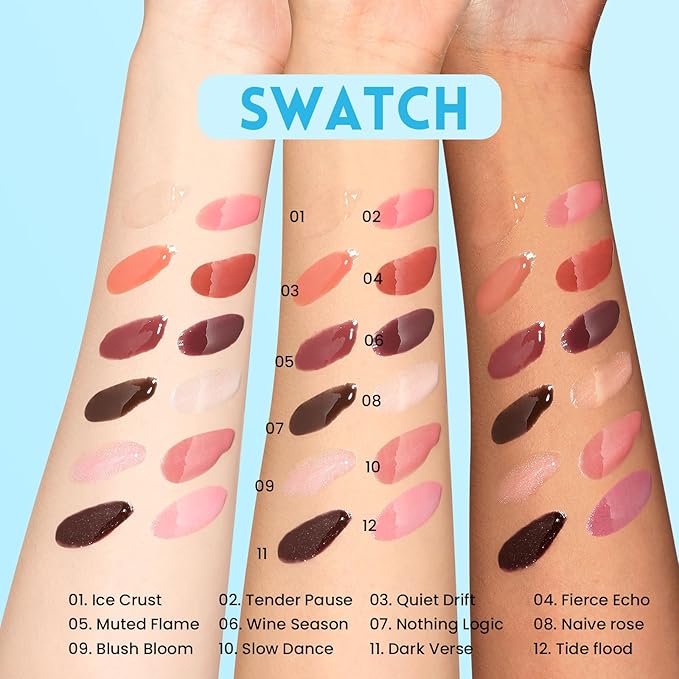 Pudaier Glossy Lip Stain, Color Change Effect, Moisturizing Lip Care Tinted Lip Oil, Excellent Recovery, Hydrating Plumping Lip Gloss Balm, Non-Sticky LipGloss Oil for Dry Lip (12 Tide Flood)