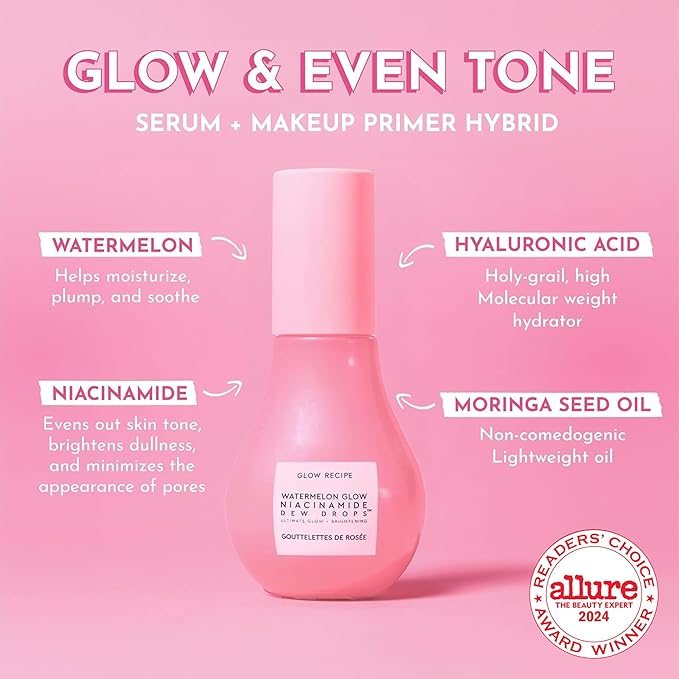 Glow Recipe Glow Hues Collection Kit - Niacinimide Dewy Flush Watermelon & Berry Tinted Serum (15 ml/ea), Hue Drops Rosy Glow & Sun Glow Serum (40 ml/ea), Watermelon Niacinamide Dew Drops (40 ml)