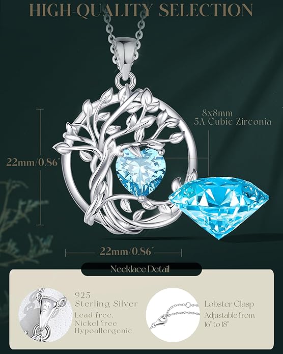 FANCIME Tree of life Birthstone necklace Sterling Silver Pendant Birthstone Necklace Gemstone Anniversary Birthday Jewelry Christmas Gifts for Mom Her Wife