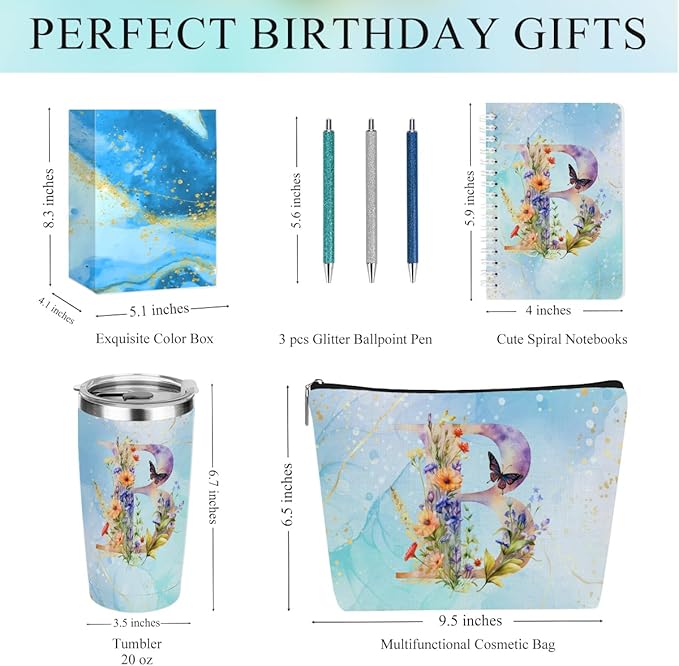 Personalized Gifts Monogrammed Birthday Gifts for Women, Cowerker Mom Mothers Day Christmas Initial 20 oz Tumbler, Makeup Bag Cup Ballpoint Pens Journal Notebook 6 Set, (Aesthetic Blue Flower B)