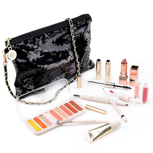 Color Nymph Full Cosmetics Set for Beginner, Makeup Gift Kit for Girls, Women & Teens, Sequin Make up Bag for Starters Includes Lip Gloss, Lipstick, Liquid Blush, Eye shadow Palette, Mascara etc