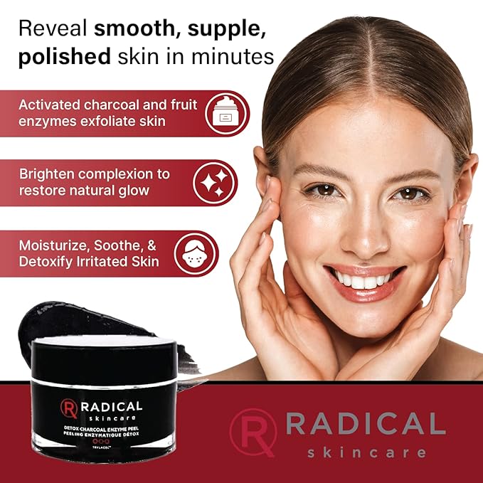 Radical Skincare Detox Charcoal Enzyme Peel - Powerful Formula w/ 11 Fruit Enzymes for Maximum Exfoliation | For All Skin Types Including Sensitive Skin | Cruelty & Paraben Free (1.7 oz, 2 Pack)