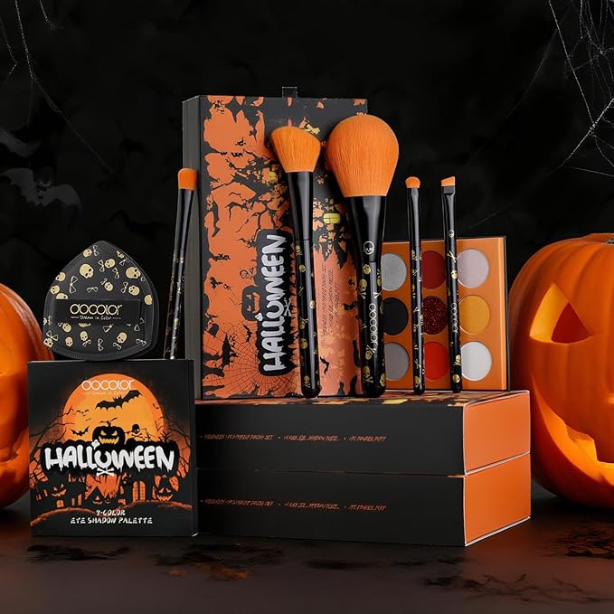 docolor Makeup Brush Set,5PCS Halloween Goth Makeup Brushes Powder Contour Eyeliner Brow Eyeshadow Brush Set with 9 Colors Halloween Eyeshadow Palette,1PC Makeup Sponge Puff&3PCS Halloween Scar Tattoo