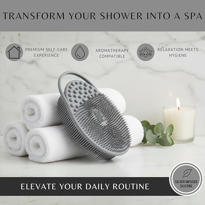 Silver Infused Exfoliating Body Scrubber - Textured Back Scrubber Shower Brush - Avilana Advanced Material Bath Tool Dual Sided - Gentle Smoothing Rough Skin - Premium Gift Women Men