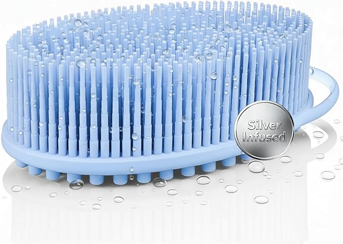 Silver Infused Silicone Body Scrubber Shower - Gentle Back Scrubber Soft Bristles - Avilana Premium Dual Sided Bath Brush Massage - Advanced Material Loofah Alternative - Gift Women Men
