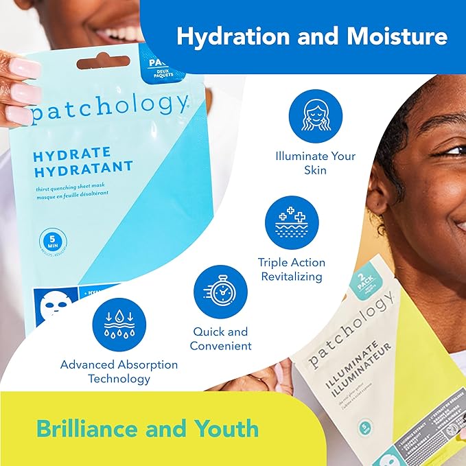 Patchology Hydrating Sheet Masks - Weekend Travel Skincare Essentials - Hyaluronic Acid Masks with Revitalizing Serum, Licorice Root Extract Skincare - Ultimate Hydration & Radiance (4 Masks)