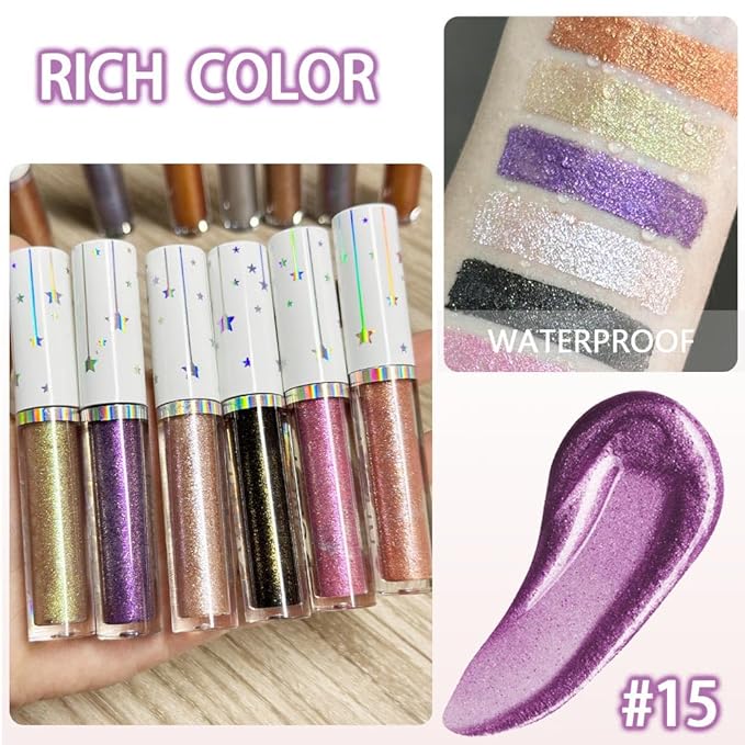 evpct Liquid Shimmery Glitter Eyeshadow Eyeliner, High Pigment Colored Metallic Eyeshadow Stick Eyeliner, Waterproof Long Lasting Sparkle Eye Makeup Set for Women, 15# Honey Flower