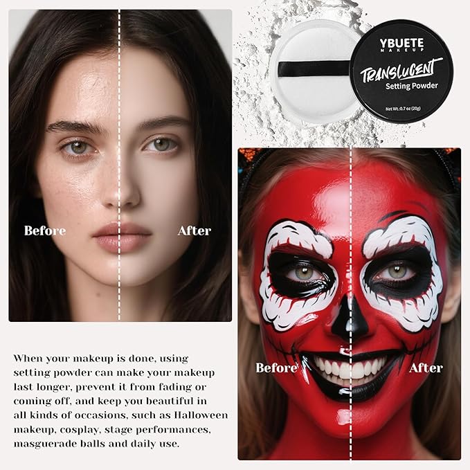 Black White Green Face Body Paint Stick Set with Translucent Setting Powder and Sponges, Professional Full Coverage Face Painting for Adults Halloween Cosplay SFX Skeleton Witch Hulk Makeup