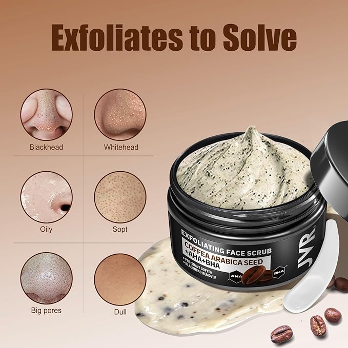 JVR Face Scrub for Men, Facial Scrub for Deep Exfoliating, Cleansing, Removing Blackheads, Ingrown Hair, Pre-shave Soften, Organic Formulated with Coffee Extract, AHA and BHA Face Exfoliator (4.23 oz)