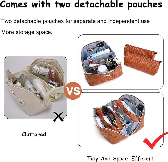 BOYATU Travel Makeup Bags for Women: 3 Pcs Large Make up Bags Set - Vegan Leather Cosmetic Bag for Traveling - Waterproof Toiletry Organizer Wide Open Portable Pouch (L08 Brown)