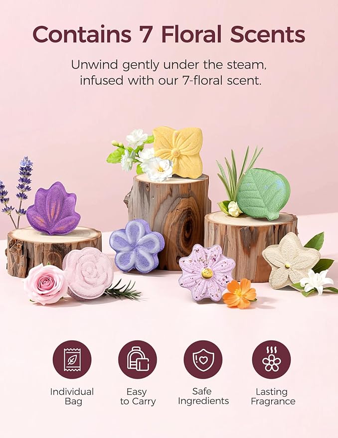 Momcozy Shower Steamers 14 Pack-7 Unique Shapes & Floral Scents, Long Lasting Fragrance, Gentle Formula, Perfect Travel & Gift Idea for Home Spa Relaxation