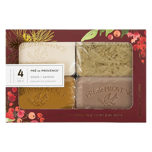 Pre de Provence Heritage Holiday Soap Gift Set/4 - Full Size French Soap Bars - Quad-Milled, Assorted Scents, 4 x 250g